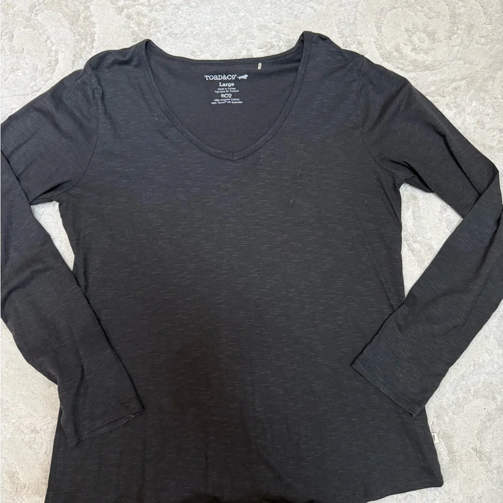 Toad&Co Eco V-Neck Long Sleeve Tee Black Organic Cotton Tencel Stretch L - Picture 2 of 5